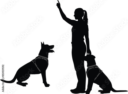 Silhouette of dog trainer with leashed dogs, obedience command, black illustration, harness, pointing gesture, pet training, communication, discipline