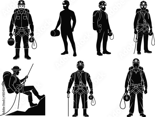 Silhouette of cave explorers in gear, black illustration, spelunking equipment, helmet headlamp, rope rappel, harness, backpack, adventure, safety