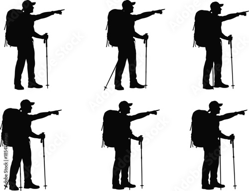 Silhouette of hiker with trekking poles pointing ahead, black illustration, outdoor adventure, trail guide, backpack gear, mountain direction