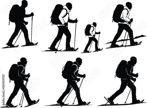 Silhouette of hikers trekking, snowshoeing in winter, outdoor adventure, black illustration, rugged terrain, backpackers, movement, exploration, nature, endurance