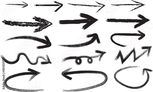 Collection of black arrows silhouette isolated on transparent background