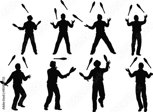Silhouette of jugglers with clubs, black illustration, juggling motion, coordination skill, performance art, circus act, dynamic pose, entertainment, rhythm