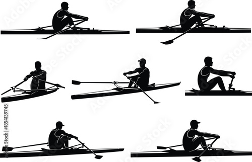 Silhouette of rowing athletes, single scull boats, dynamic posture, black illustration, sports motion, water sport, training, technique, endurance, balance