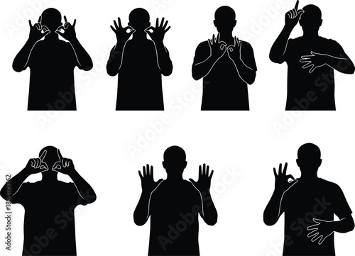 Silhouette of sign language gestures, ASL hand signs, black illustration, communication, accessibility, education, deaf culture, expressive hands, learning, inclusion