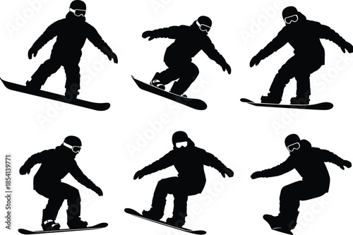 Silhouette of snowboarder in action poses, black illustration, winter sport, dynamic movement, jump, glide, crouch, helmet, snowboarding gear