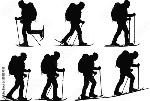 Silhouette of snowshoeing hiker, winter trekking motion, black illustration, walking poles, backpack gear, outdoor adventure, slope climb, nature, endurance