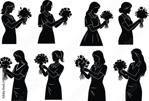 Silhouette of women admiring flower bouquets, black illustration, graceful pose, floral appreciation, elegance, hairstyle, traditional dress, romantic gesture