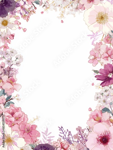 floral frame design with pink and purple flowers