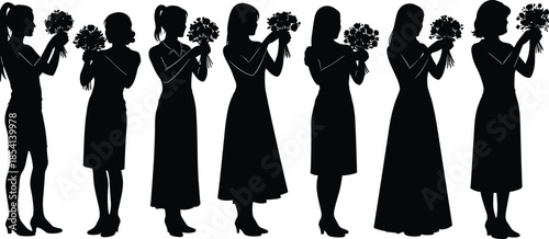 Silhouette of women with flowers, fashion timeline, black illustration, growth stages, bouquet holding, elegance, femininity, vintage style, graceful pose