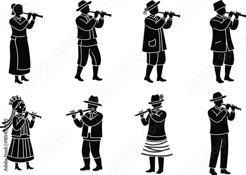 Traditional flute players in cultural costumes, folk music silhouette set, ethnic musicians performing, black and white vector illustration for global stock
