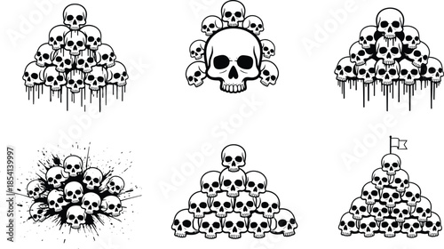 Skull pile illustration, gothic silhouette, black ink dripping, horror art, death symbolism, pyramid skulls, chaos, conquest, dark theme, macabre