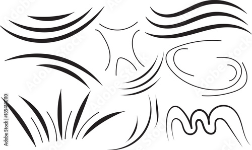 Silhouette of various abstract black curved lines and shapes isolated on transparent background