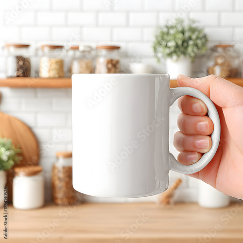 Hand holds a plain white mug in a kitchen with jars and plants in the background