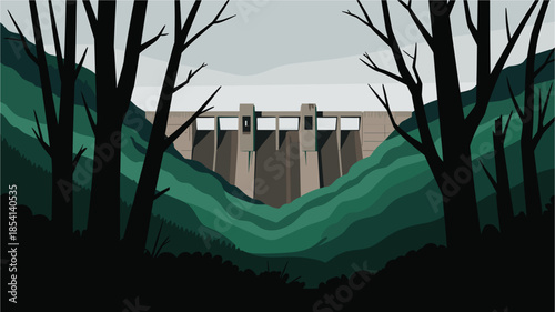 Modern dam structure in serene natural landscape with bare trees
