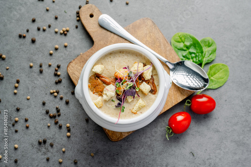 Bowl of Creamy Mushroom Soup with Croutons and Herbs. An overhead view captures a white bowl of creamy mushroom soup garnished with sliced mushrooms, croutons, and fresh herbs on a wooden board.