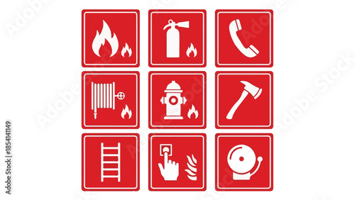Set of nine red and white fire safety emergency icons and symbols