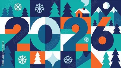 New Year 2026 winter holiday geometric design with festive elements
