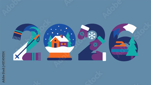 Creative 2026 number design with winter sports and holiday elements