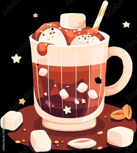 A cozy mug of hot chocolate with marshmallows and toppings. Stylized vector illustration of a warm winter drink. Flat design graphic isolated on a black background.