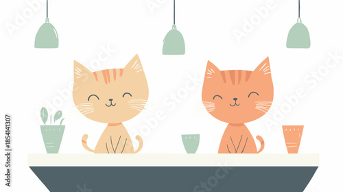 Two cartoon cats sitting at a cafe counter. Flat design vector illustration of animal friends. Happy pet characters isolated on a white background