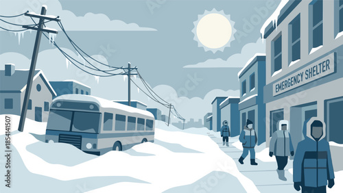 Winter emergency shelter in snowy city with people walking towards it