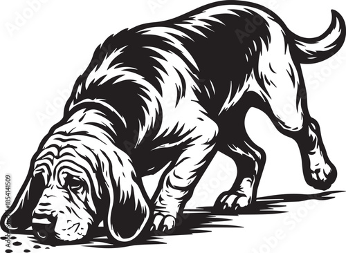 black and white illustration of a bloodhound dog