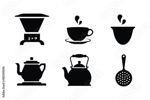 Black Kitchenware Silhouette Icons for Coffee and Tea Set