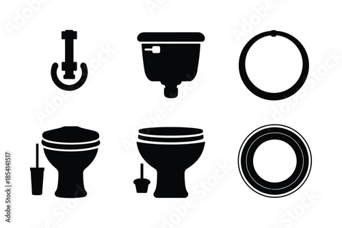 Sanitary Bathroom Icons with Toilet and Plumbing Fixtures