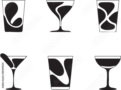 Minimalist style graphic of six cocktail glasses filled with black liquid on a light gray background