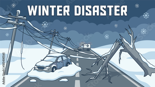 Winter disaster: heavy snow, fallen trees, broken lines, stranded car