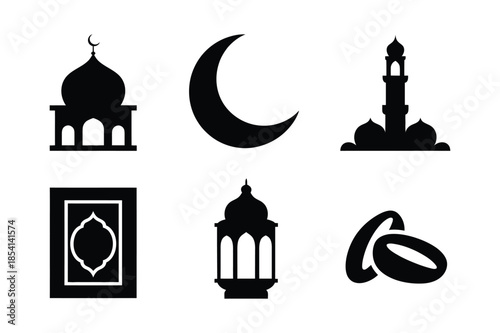 Islamic Religious Icons with Mosque and Crescent Moon Symbols