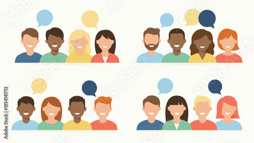 Diverse group of people communicating, speech bubbles for social interaction