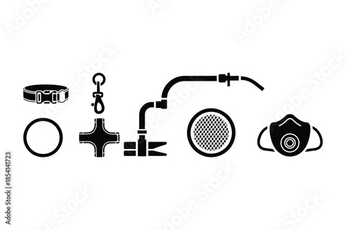 Industrial Safety Icons with Mask and Plumbing Equipment