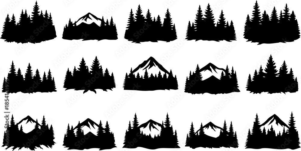 Fototapeta premium Mountain Forest Silhouette Landscape Set – Pine Trees and Peaks Vector