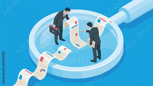 Businessmen analyzing data flow and process with magnifying glass