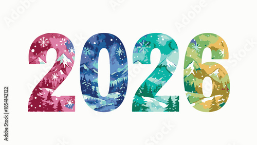 Artistic watercolor illustration of the year 2026 with winter motifs