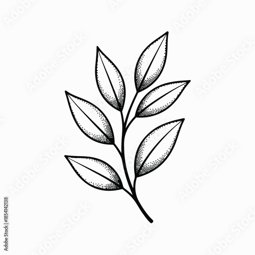 Dotwork Botanical Leaf Branch – Monochrome Stipple Illustration