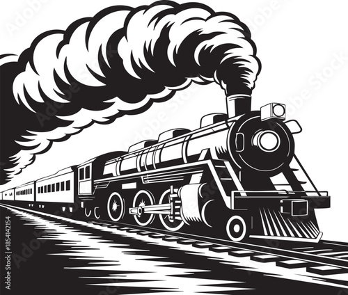 Vintage steam train illustration billowing smoke, a monochrome graphic depicting an old locomotive on its tracks