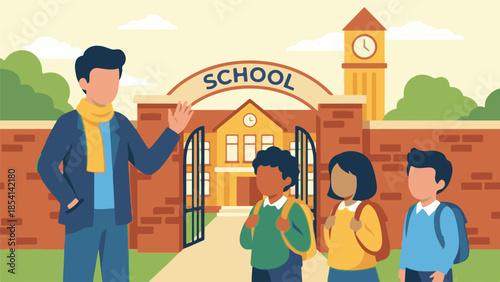 Teacher Welcoming Students at School Gate, Back to School Education Concept