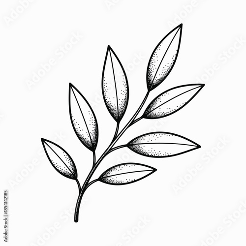 Dotwork Botanical Leaf Branch – Monochrome Stipple Illustration