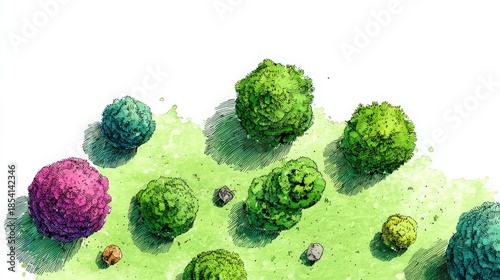 A colorful illustration of various trees and shrubs, depicting a lush green area with vibrant foliage and stones scattered throughout.