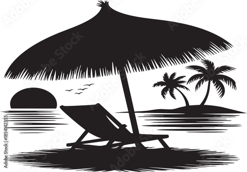 Silhouette depiction of a sandy beach with a lounge chair under an umbrella at sunset, palm trees in the background