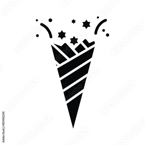Black and white icon of a party popper exploding with stars and confetti celebration explosion