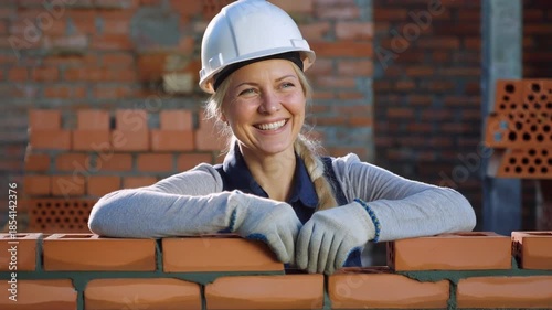 Smiling female construction worker in hard hat and safety gloves, leaning on a brick wall at a building site