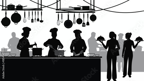 Silhouettes of Professional Chefs and Waitstaff Working in a Busy Kitchen