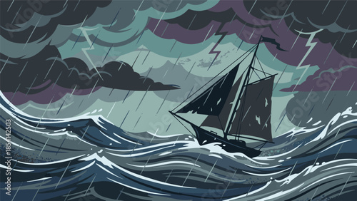 Dramatic sailboat caught in a severe ocean storm with rain and lightning