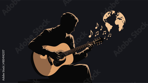 Silhouette of a man playing acoustic guitar with musical notes and globe