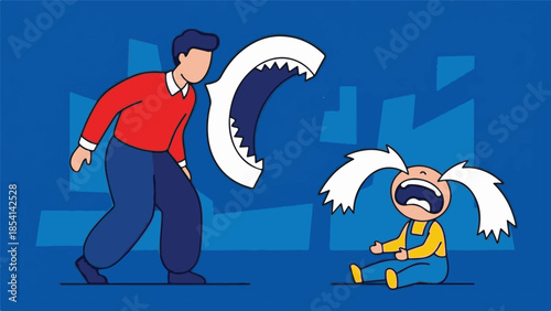 Metaphorical illustration of an angry adult yelling at a crying child