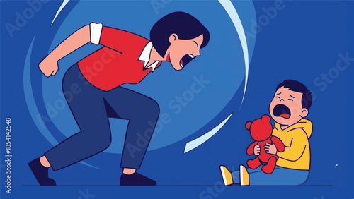 Illustration of adult yelling at crying child, emotional distress and anger