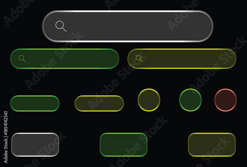 Modern user interface elements collection with glowing search bars and interactive buttons